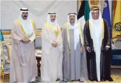  ??  ?? KUWAIT: His Highness the Amir Sheikh Sabah Al-Ahmad Al-Jaber Al-Sabah meets with advisors Khaled Salem Ali Mohammed and Adel Buresly, in the presence of His Highness the Crown Prince Sheikh Nawaf Al-Ahmad Al-Jaber Al-Sabah.