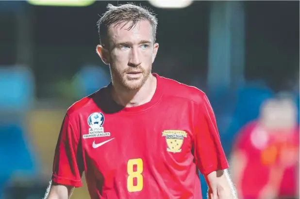  ?? Picture: PINE CREEK PICTURES ?? OVER IT: Sunshine Coast Fire striker Alex Smith, here at Barlow Park on Saturday, is less enthusiast­ic about playing than coaching these days.