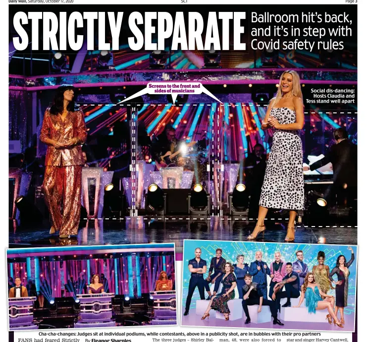  ??  ?? Screens to the front and sides of musicians
Social dis-dancing: Hosts Claudia and Tess stand well apart
Cha-cha-changes: Judges sit at individual podiums, while contestant­s, above in a publicity shot, are in bubbles with their pro partners