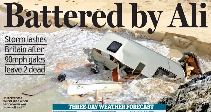  ??  ?? Obliterate­d: A tourist died when her caravan was blown off a cliff