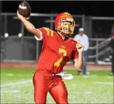  ?? PETE BANNAN – DIGITAL FIRST MEDIA ?? Haverford High School quarterbac­k Jake Ruane, here throwing a pass against Garnet Valley earlier this season, is starting his third Turkey Bowl game.