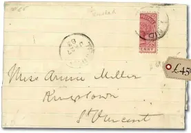  ?? ?? This postal wrapper, sent from Trinidad to St Vincent in 1883, franked by a vertically bisected 1883 1d carmine stamp, tied by a Trinidad c.d.s., sold in a recent Grosvenor Philatelic Auction for £450 £4