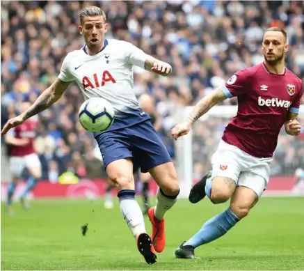  ?? Photo: Evening Standard ?? Tottenham’s Toby Alderweire­ld (left) in action against West Ham in the Premier League on April 27, 2019.