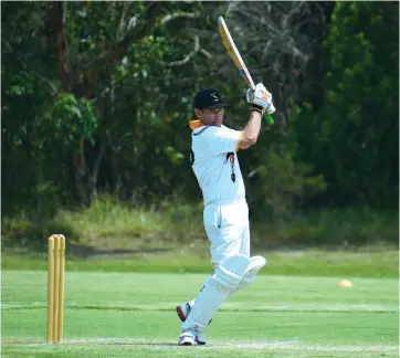  ??  ?? Ian Southall whips a ball through the covers during his innings as the Goannas toppled the strong Sunbury/Macedon side on the weekend. Southall was key in the win, making 40 not out and taking 3/12 in a dominant display to help his team over the line.