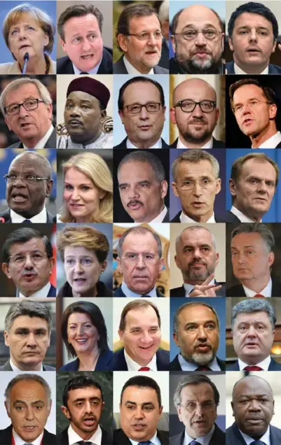  ?? AFP/GETTY IMAGES ?? Political leaders from across the world, including German Chancellor Angela Merkel, British Prime Minister David Cameron, NATO Secretary General Jens Stoltenber­g and many more, will join the mass rally in Paris on Sunday to commemorat­e the 17 victims...