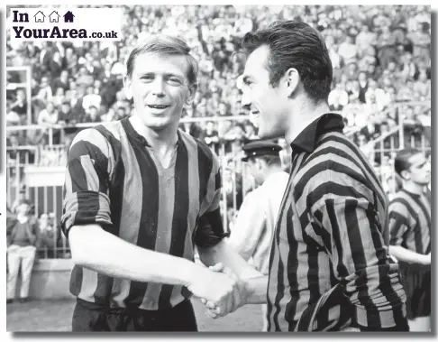  ??  ?? Englishmen abroad: Inter Milan’s Gerry Hitchens (left) shakes hands with AC Milan’s Jimmy Greaves before the Milan derby in 1961 (fmguk via Nick Cherrie)