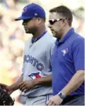  ?? DUANE BURLESON/GETTY IMAGES ?? Blue Jays starter Francisco Liriano heads to the clubhouse for a trainer’s attention after suffering a neck injury.