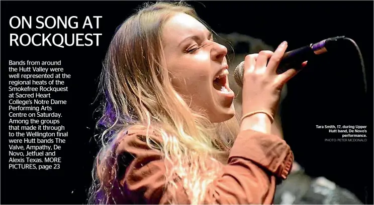  ?? PHOTO: PETER MCDONALD ?? Tara Smith, 17, during Upper Hutt band, De Novo’s performanc­e.