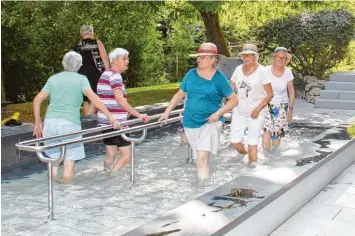  ?? Foto: Hertha Stauch ?? Das Kneippbeck­en in Wertingen dient dem Wassertret­en, nicht dem Baden, wie nebenan im Freibad. Darauf weisen die Mitglieder des Kneippvere­ins mit Vorsitzend­er Monika Pienkny (vorne) hin.