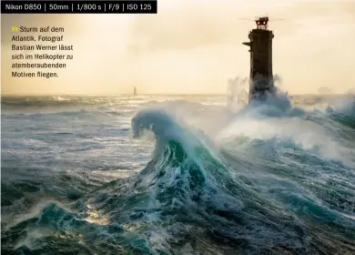  ??  ?? Nikon D850 | 50mm | 1/800 s | F/9 | ISO 125
>> Sturm auf dem Atlantik. Fotograf Bastian Werner lässt sich im Helikopter zu atemberaub­enden Motiven fliegen.