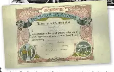  ??  ?? Recording lives for posterity: a mine rescue team (top) and a training certificat­e issued by Brynmenin Rescue Station, 1920