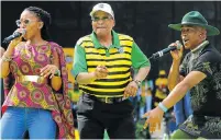  ?? Pictures: GALLO ?? GYRATING GRANDPA: President Jacob Zuma shares a stage with the AfroPop duo Mafikizolo in the Eastern Cape on April 16