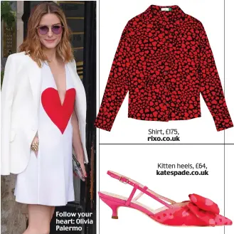  ??  ?? Follow your heart: Olivia Palermo Shirt, £175, rixo.co.uk