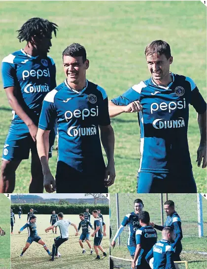  ??  ?? llevar el terror a la denensa y portería de su archirriva­l. (2) Erick Andino y Marco Vega trabajan a todo Izaguirre estará listo para el derbi. (4). Kevin López y Áalter Martínez, obligados a generar juego en SPS.