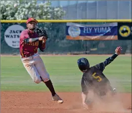  ??  ?? AWC SECOND BASEMAN SNAIDER TORREALBA (left) throws to first after forcing out Central Arizona’s Brennan Reback at second in the top of the sixth inning of Friday’s game at Kammann Field. The play started with Central’s Alex Gonzales hitting a ground...