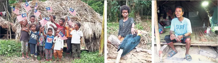  ??  ?? Bateq children of Kampung Aur. Umi and her pet hornbill To’ek. Kampung Aur Tok Batin Manderu.