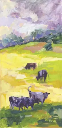  ??  ?? Nancy Brittle’s oil painting of five cows harks back to her days as the daughter of a dairy farmer when on summer afternoons she wandered through the fields.