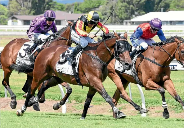  ??  ?? Rock On and rider Robbie Hannam, left, take out the Manawatu Cup yesterday.