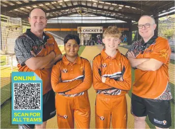  ?? ?? NT girls coach Adrian Gallagher, girls captain Ekham Dhillon, boys captain Tye Beer and NT boys coach Chris McCormick ahead of the under-12 titles in Darwin. Picture: NT Cricket