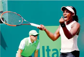  ?? AP ?? Sloane Stephens celebrates her victory over Victoria Azarenka of Belarus in the Miami Open semifinal in Key Biscayne on Thursday. Stephens won 3-6, 6-2, 6-1. —