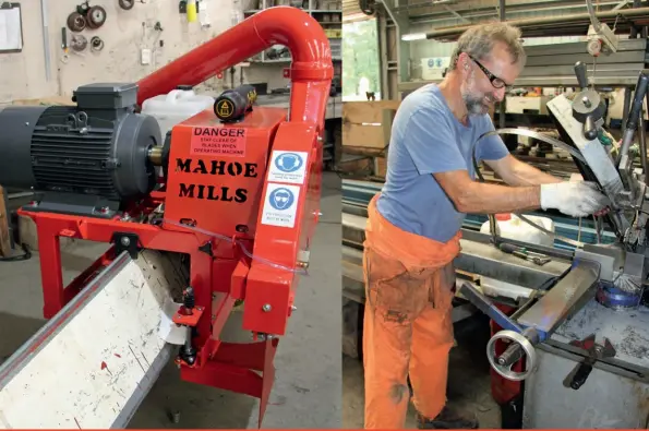  ??  ?? Left: Powerful 3-phase electric motors are popular with Mahoe sawmills sold into African countries. Centre: Former Sky City chef, Martin Riegger, inserts a bandsaw blade that is used for cutting steel. Right: Laurence Bergman with some of the range of...