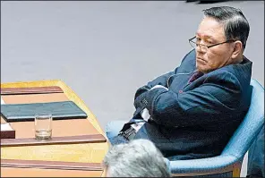  ?? AP/MARY ALTAFFER ?? North Korea’s U.N. Ambassador Ja Song Nam makes a rare appearance Friday at a session of the U.N. Security Council as U.S. Secretary of State Rex Tillerson speaks about North Korea’s nuclear program.