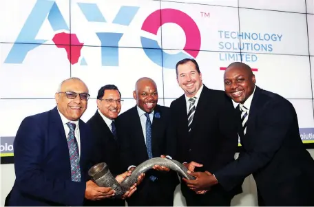  ?? Picture: Simphiwe Mbokazi/African News Agency (ANA) ?? TOGETHER AS ONE: AEEI chief executive officer Khalid Abdulla, AYO chairperso­n Salim Young, BBC secretary- general George Sebulela, AYO chief executive Kevin Hardy and Siphiwe Nodwele at the AYO listing on the Main board at the JSE yesterday.