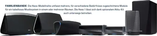  ??  ?? FAMILIENBA­NDE: Die Heos-Modellreih­e umfasst mehrere, für verschiede­ne Bedürfniss­e zugeschnit­tene Module für ein kabelloses Musiksyste­m in einem oder mehreren Räumen. Die Heos 1 lässt sich dank optionalem Akku-Kit auch unterwegs betreiben.