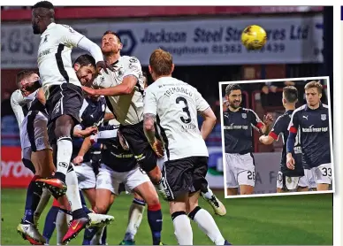  ??  ?? ON TARGET: Gadzhalov (centre) heads home Dundee’s second and (inset) is congratula­ted by his team-mates