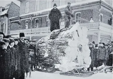  ?? NORWOOD HISTORICAL SOCIETY ?? Farmer Patrick Fallon and John Doherty stand atop a huge stump from a tree cut down on Fallon’s farm in this photo taken in 1904 in Norwood. The stump was shipped to the 1904 World’s Fair in St. Louis to be part of the Canadian exhibit.