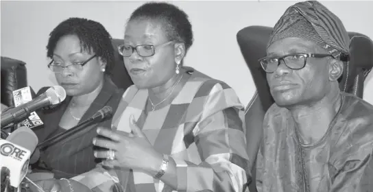  ?? PHOTO: GOVT. HOUSE ?? From left: Special Adviser on Public Health to Lagos Government, Dr Yewande Adeshina; Lagos State Head of Service, Mrs. Josephine Oluseyi Williams and Commission­er for Informatio­n and Strategy, Mr. Aderemi Ibirogba, during a press briefing in Lagos...