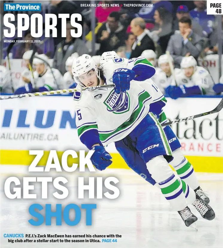  ??  ?? Zack MacEwen has 17 goals and 42 points in 49 games this season for the American Hockey League’s Utica Comets, earning him a promotion to the NHL with the Canucks.