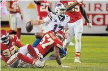  ?? CHARLIE RIEDEL THE ASSOCIATED PRESS ?? Buffalo Bills quarterbac­k Josh Allen (17) is sacked by Chiefs defensive end Alex Okafor during the second half of the AFC Championsh­ip Game on Sunday in Kansas City, Mo. The Chiefs beat the Bills, 38-24, to move on to the Super Bowl for a date with the Tampa Bay Buccaneers.