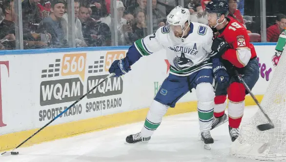  ?? JOEL AUERBACH/GETTY IMAGES ?? Daniel Sedin was a rare bright spot for the Canucks Tuesday, but it wasn’t enough as they lost 3-1 to Michael Matheson and the Panthers in Sunrise, Fla.