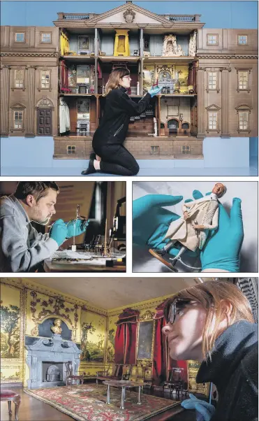  ?? PICTURES: JAMES HARDISTY ?? METICULOUS MODEL: Clockwise from top, collection­s assistant Sophie Bryan places items back in the dolls house; a doll cook from the kitchen; Sophie admires the luxury of one of the rooms; conservato­r Josh Tarr restoring one of its settees.