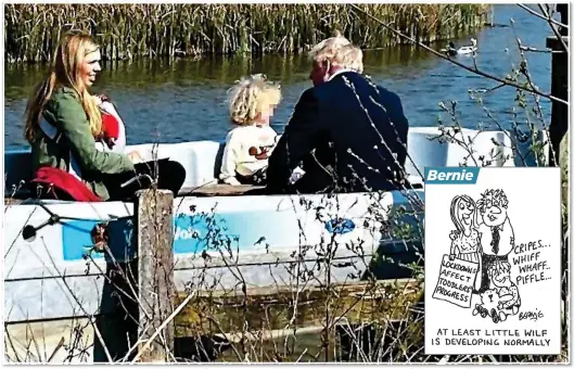  ?? ?? Bernie
PRIME TIME: The family on their boat adventure as Carrie holds baby Romy and Boris keeps an eye on Wilfred. Top: Wildlife watching with their guide