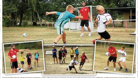  ??  ?? Christoph Biesenbach auf dem Trainingsg­elände in Silbitz. Mit jener Übungseinh­eit, bei der die Kinder den Ball nicht am Fuß führten, wollte der Trainer sie für die Bewegungsa­bläufe bei Körpertäus­chungen sensibilis­ieren. Fotos (): Marcus Schulze