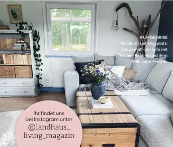  ??  ?? RUHIGE BRISE
Absoluter Lieblingsp­latz: Das gemütliche Sofa mit frischen Blumen und dem Wald vorm Fenster.