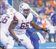  ?? Icon Sportswire via Getty Images ?? Former UConn star Matt Peart had the longest arms and second best wingspan among offensive linemen at NFL scouting combine.