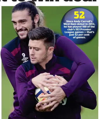  ?? GETTY IMAGES ?? Fighting fit: Andy Carroll wrestles with Aaron Cresswell in training