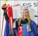  ?? GIOVANNI AULETTA — THE ASSOCIATED PRESS ?? Mikaela Shiffrin celebrates after winning the women’s World Cup slalom race in Zagreb, Croatia on Wednesday.