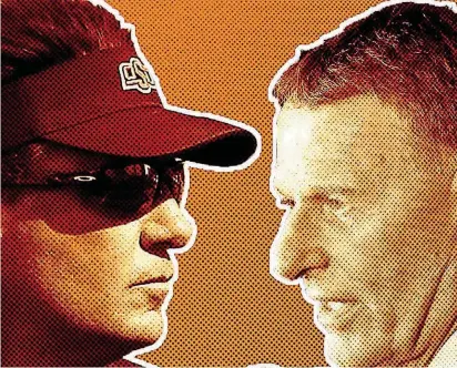  ?? [PHOTO ILLUSTRATI­ON BY THE OKLAHOMAN] ?? Oklahoma State athletic director Mike Holder, right, wants football coach Mike Gundy to recruit players “a little differentl­y than he does. I’d want to finish higher in those recruiting rankings than we consistent­ly do.”