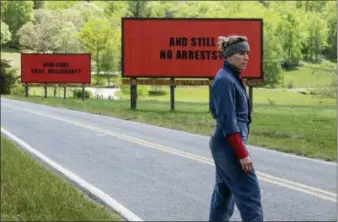  ?? FOX SEARCHLIGH­T VIA AP ?? Frances McDormand in a scene from “Three Billboards Outside Ebbing, Missouri,” which is nominated for an Oscar for best picture.