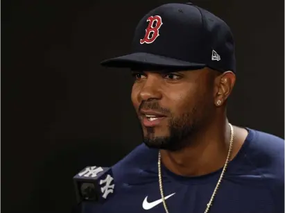  ?? Ap; BeloW, Matt stone / Herald staFF File ?? END OF THE LINE? Xander Bogaerts speaks to reporters on Thursday at Yankee Stadium. Below, A report out of the Dominican Republic said that Rafael Devers turned down a contract extension from the Red Sox.