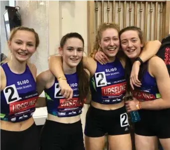  ??  ?? Sligo quartet Erin Taheny, Ellen Kilcoyne, Lauren Cadden & Ellie McGeough averaged sub 26sec runs to go 1.43.74 in a superb 4x200m relay race at the Millrose Games in New York. Pics: Believe and Achieve.