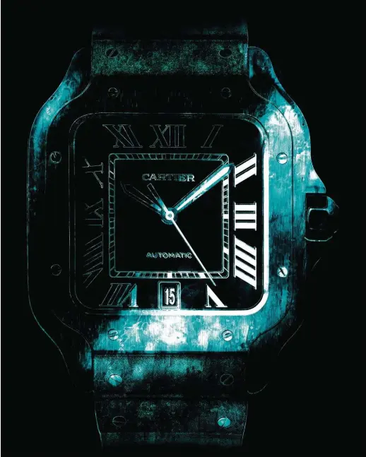  ?? ?? À gauche : montre “J12 Paradoxe” en céramique et acier, CHANEL HORLOGERIE. À droite : montre “Santos de Cartier” grand modèle en acier, spinelle de synthèse facetté, CARTIER.