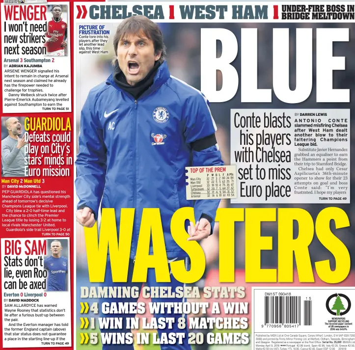  ??  ?? Conte tore into his players after they let another lead slip, this time against West Ham PICTURE OF FRUSTRATIO­N