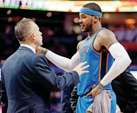  ?? [PHOTO BY NATE BILLINGS, THE OKLAHOMAN] ?? Carmelo Anthony, right, said the Thunder needs to execute coach Billy Donovan’s game plan better.