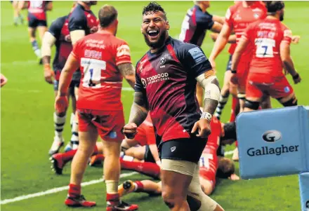  ?? Picture: Rogan Thomson/JMP ?? Nathan Hughes shows his delight after Dan Thomas scored the try which clinched Bristol the all-important bonus point in the Gallagher Premiershi­p game against Leicester at Ashton Gate