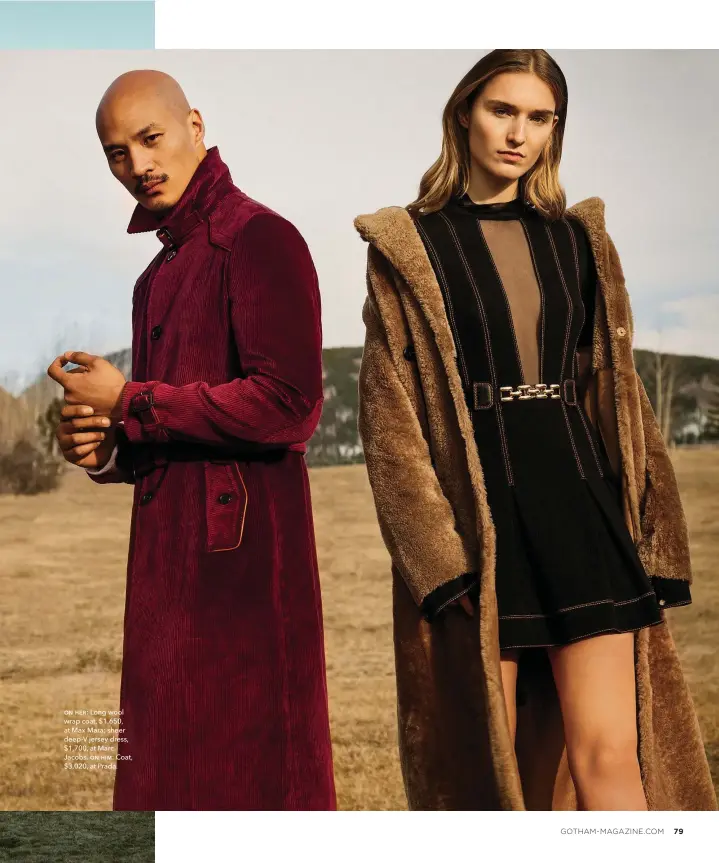  ??  ?? on her: Long wool wrap coat, $1,650, at Max Mara; sheer deep-v jersey dress, $1,700, at Marc -acobs. on him: Coat, $3,020, at Prada.